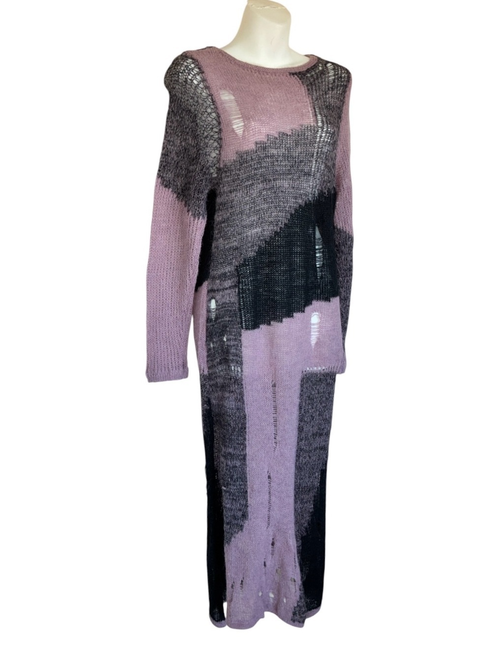 Cider Sweater Dress, women's L, pink/black, intentional distressed/holes, EUC